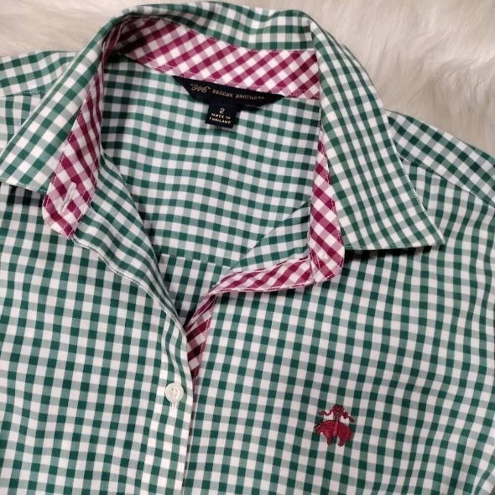 Brooks Brothers 346 Preppy Checkered Button-Down Shirt Boys Green White Size 2 - Picture 3 of 10